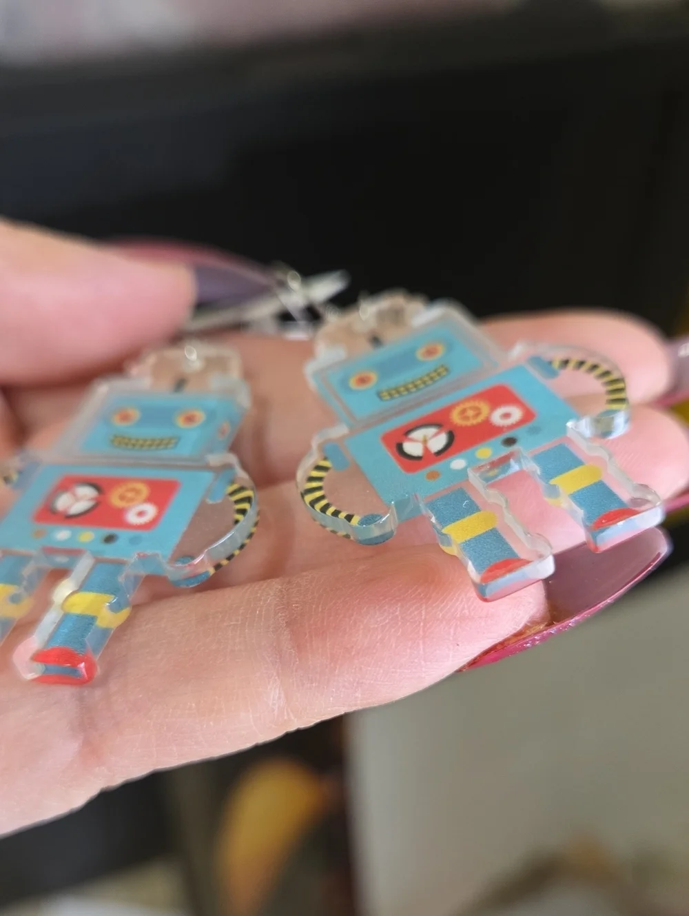 Kids Jewelry Teal Robot Dangle Earrings with Red Accents